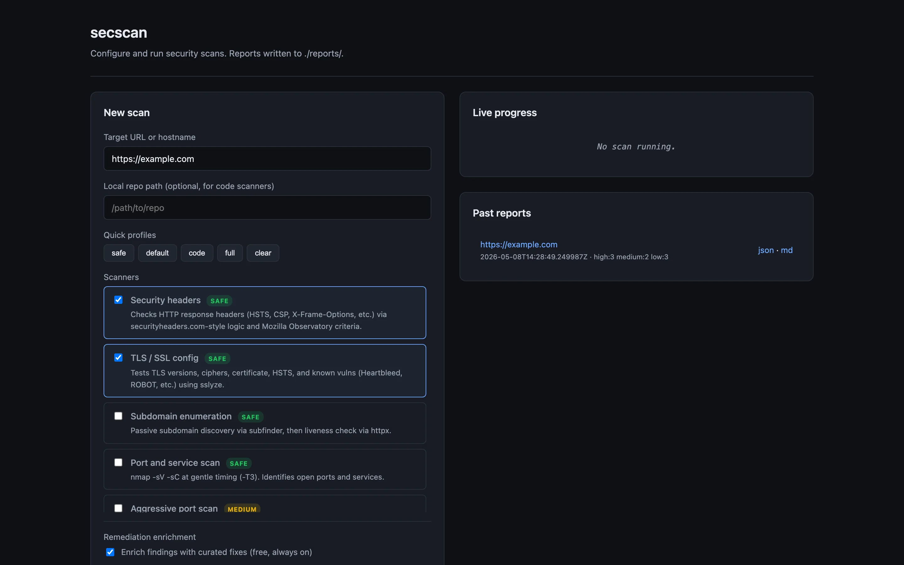 secscan dashboard, showing a target picker, scanner list, live progress, and a recent reports panel