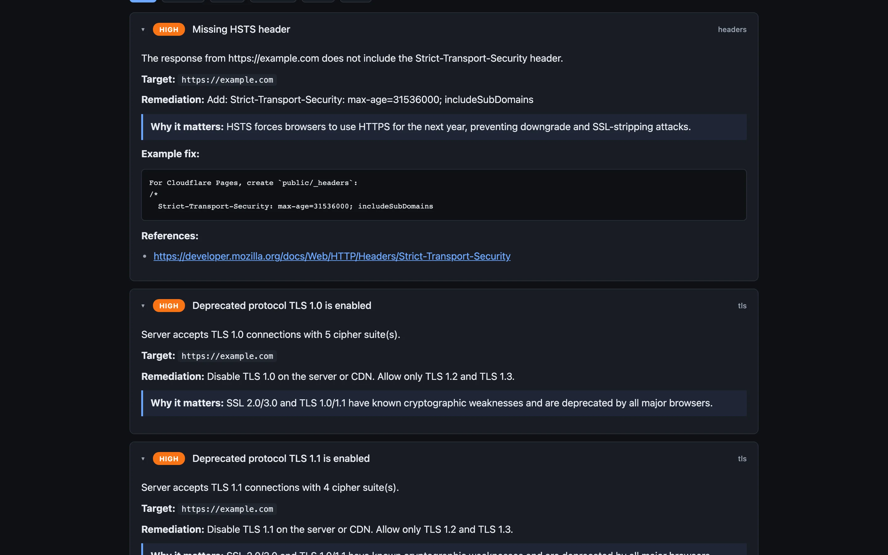 Expanded finding with curated remediation, rationale, and an example fix